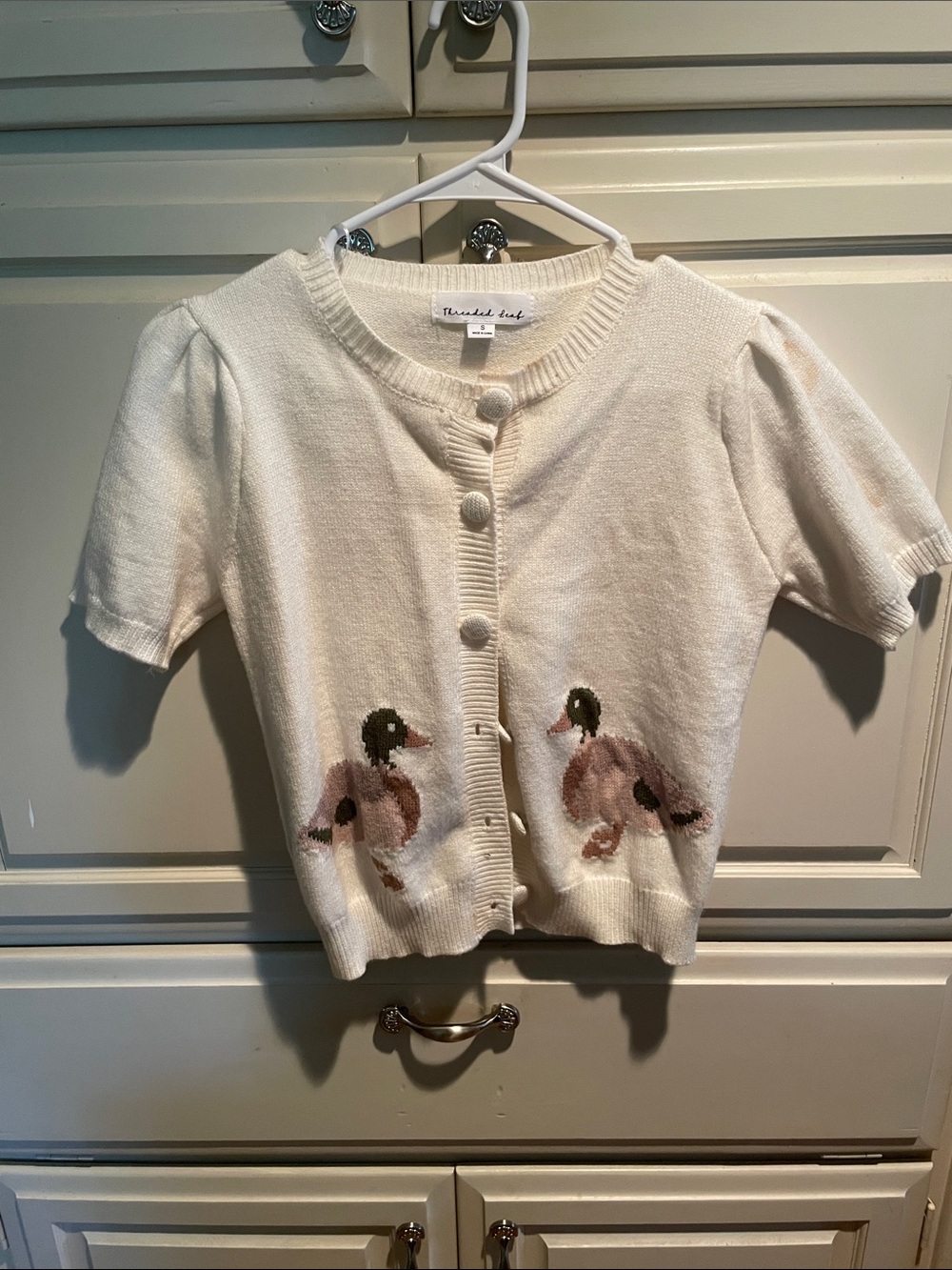 Ivory Short-Sleeve Duck Cardigan - Kids